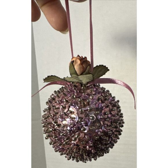 2” Vintage Pink Sequin Christmas Ball With Rose Embellishment - Picture 5 of 6